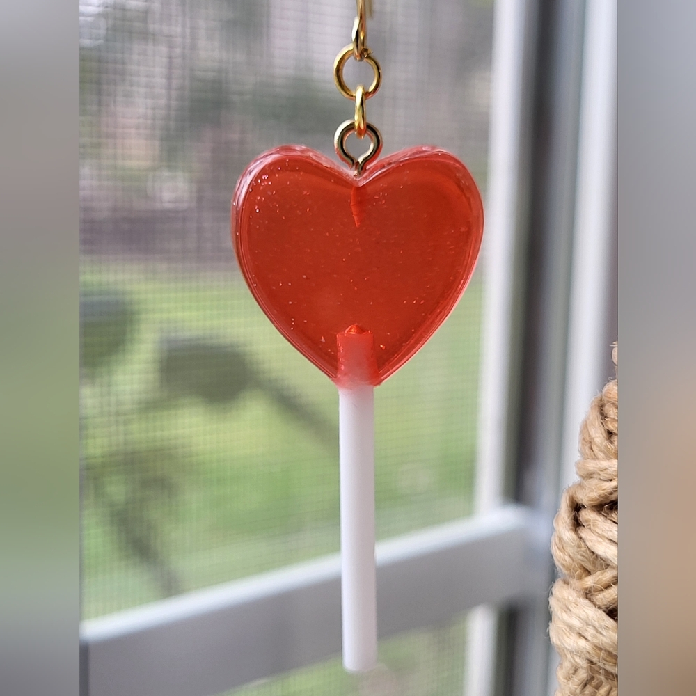 ❤️ Glitter Heart Lollipop Earrings - Red - Picture 7 of 10
